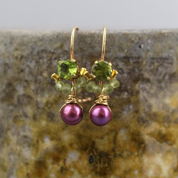 Peridot Earrings, Pink Pearl Drop Earrings, Green Pink Earrings, Colorful Earrings, Bohemian Jewelry, Tiny Gemstone Earrings, Small Earrings
