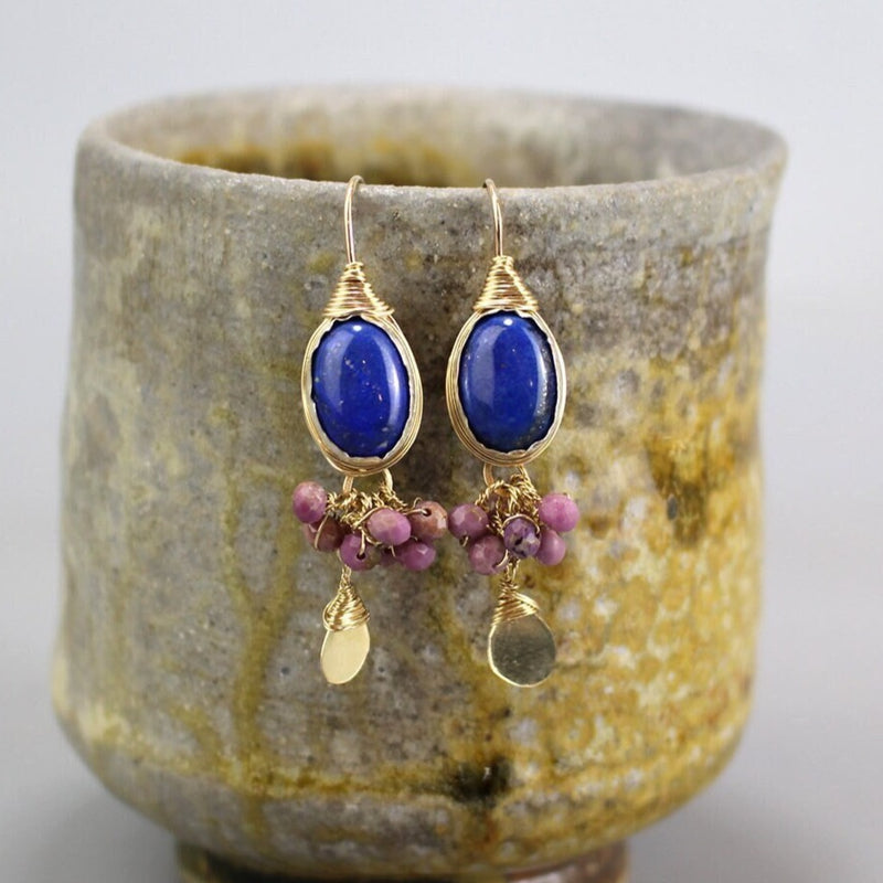 Lapis Earrings, Lepidolite Cluster Earrings, Gemstone Earrings, Statement Earrings, Wedding Earrings, Gold Lapis Earrings, Dangle Earrings