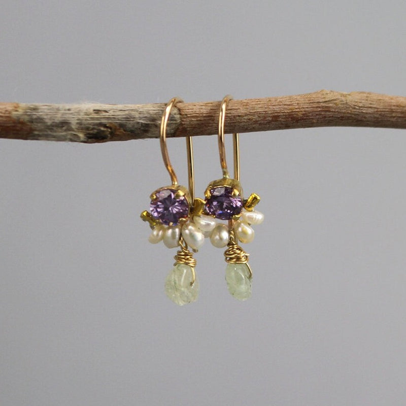 Small Gemstone Earrings, Tiny Drop Earrings, Petite Earrings, Pearl Cluster Earrings, Purple Earrings, Boho Earrings, Dainty Earrings