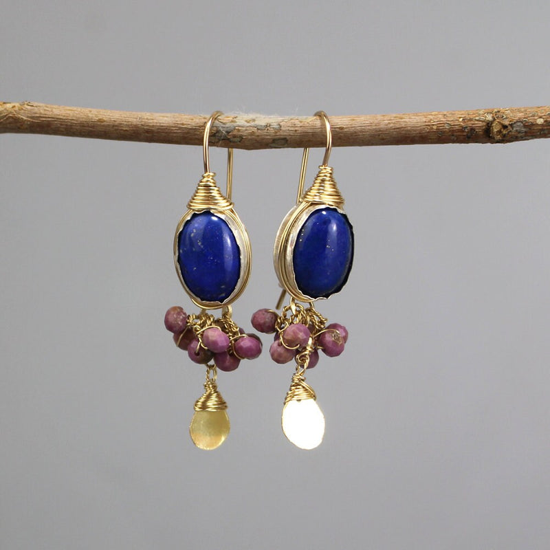 Lapis Earrings, Lepidolite Cluster Earrings, Gemstone Earrings, Statement Earrings, Wedding Earrings, Gold Lapis Earrings, Dangle Earrings