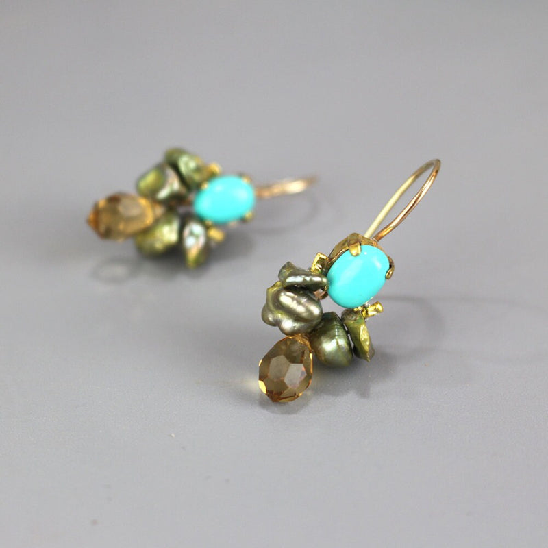 Unique Turquoise Earrings, Keshi Pearl Cluster Earrings, Gemstone Bee Earrings, Boho Earrings, Birthstone Earrings, Artisan Earrings