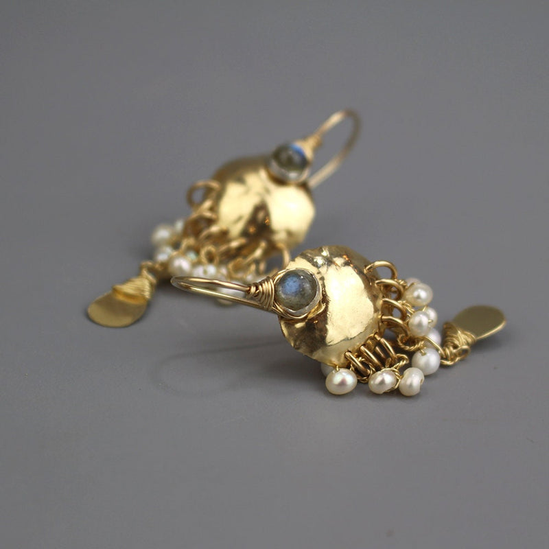 Unique Earrings, Labradorite Earrings, Antique Style Earrings, Pearl Earrings, Hammered Disc Earrings, Vintage Style, Wedding Jewelry