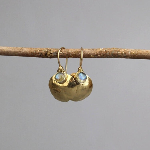 Gold Disc Earrings, Labradorite Earrings, Hammered Earrings, Small Drop Earrings, Vintage Style Earrings, Labradorite Jewelry, Minimalist