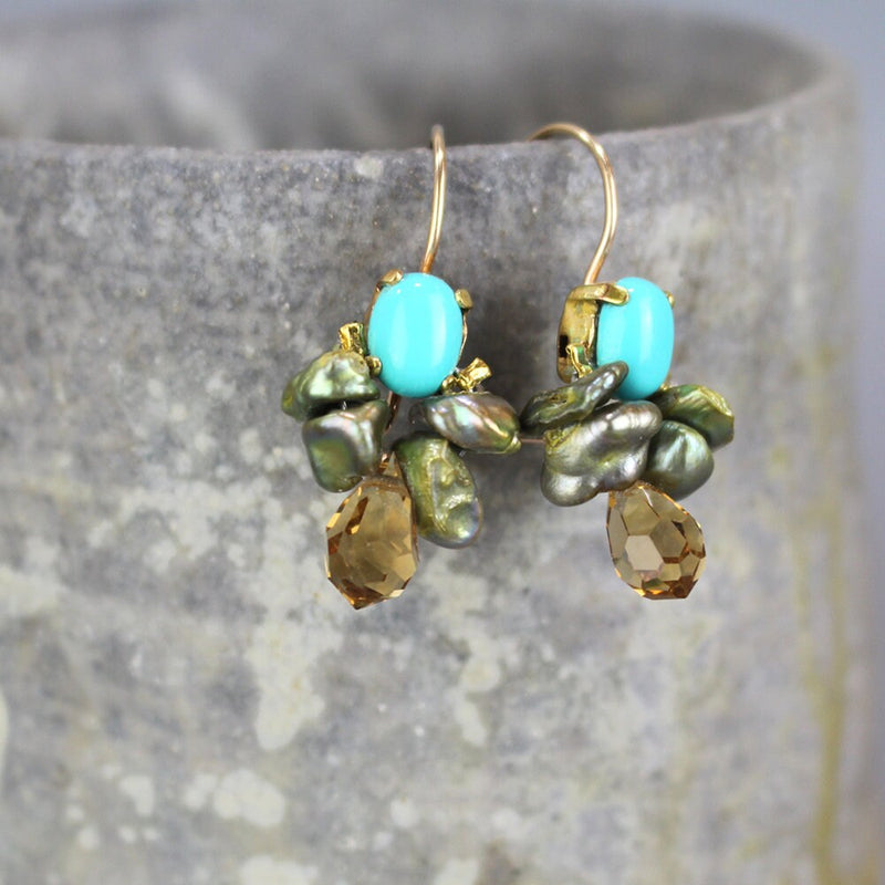 Unique Turquoise Earrings, Keshi Pearl Cluster Earrings, Gemstone Bee Earrings, Boho Earrings, Birthstone Earrings, Artisan Earrings