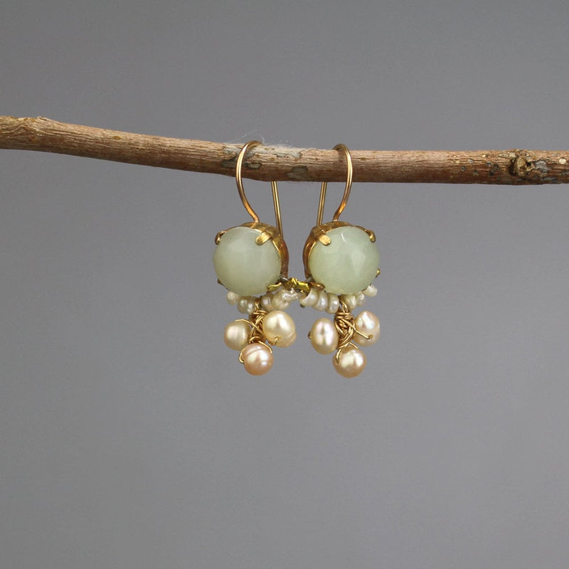 Jade Pearl Clover Earrings, Gold Filled Earrings, Boho Gemstone Earrings, Jade Jewelry, Dainty Bridal Earrings, Wedding Jewelry