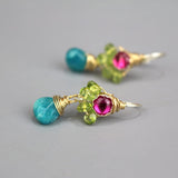 Colorful Dangle Earrings, Cluster Earrings, Peridot Earrings, Fuchsia Zircon Earrings, Unique Earrings, Multi Stone Earrings, Boho Earrings