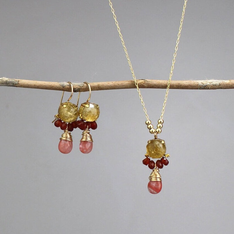 Citrine Carnelian Earrings Necklace Jewelry Set, Gemstone Jewelry, Bridesmaid Gift, Bohemian Earrings, Dainty Drop Necklace, Boho Jewelry