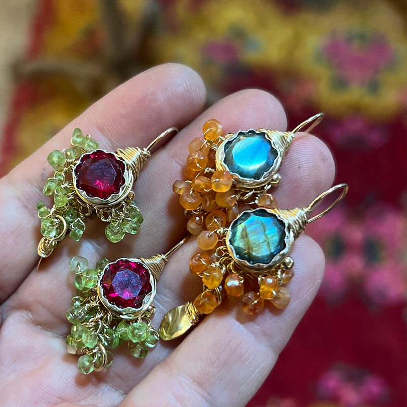 Carnelian Cluster Earrings, Labradorite Earrings, Statement Earrings, Gold Wire Wrapped Earrings, Leaf Drop Earrings, Gemstone Earrings