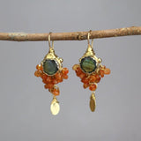 Carnelian Cluster Earrings, Labradorite Earrings, Statement Earrings, Gold Wire Wrapped Earrings, Leaf Drop Earrings, Gemstone Earrings