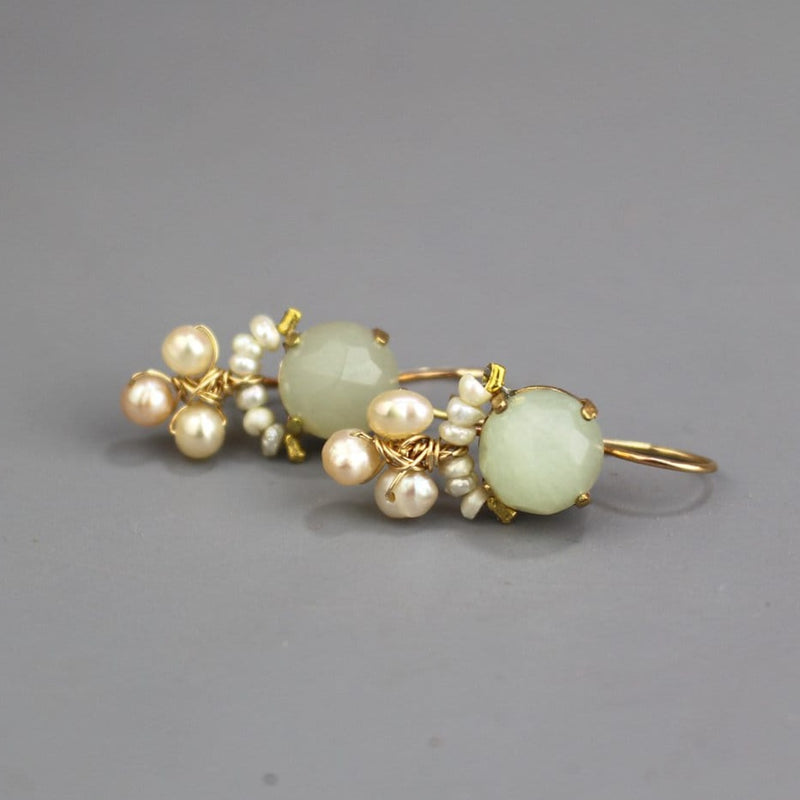 Jade Pearl Clover Earrings, Gold Filled Earrings, Boho Gemstone Earrings, Jade Jewelry, Dainty Bridal Earrings, Wedding Jewelry