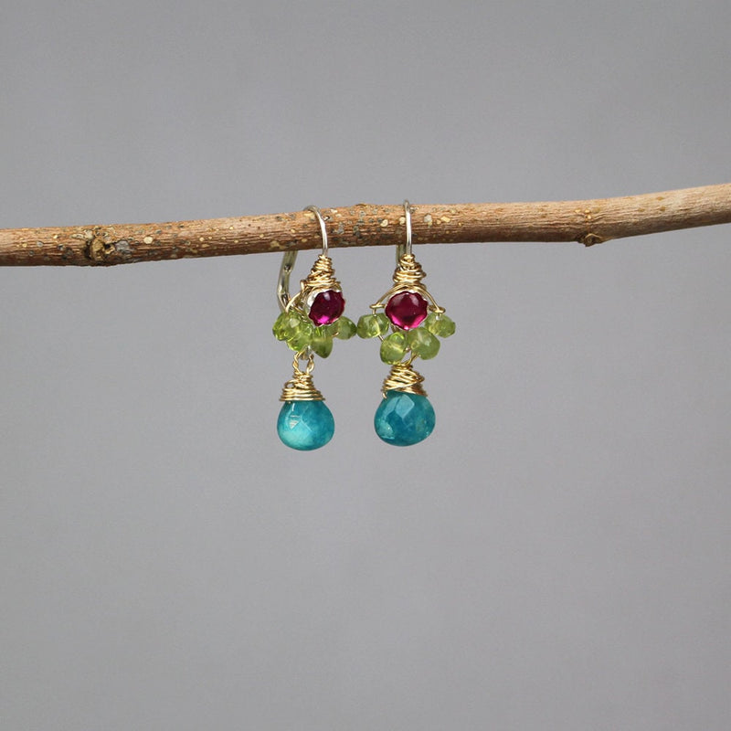 Colorful Dangle Earrings, Cluster Earrings, Peridot Earrings, Fuchsia Zircon Earrings, Unique Earrings, Multi Stone Earrings, Boho Earrings