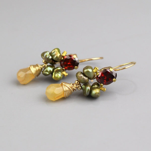 Unique Gemstone Earrings, Dainty Earrings, Carnelian Drop Earrings, Cluster Earrings, Boho Earrings, Colorful Wedding Earrings, Petite