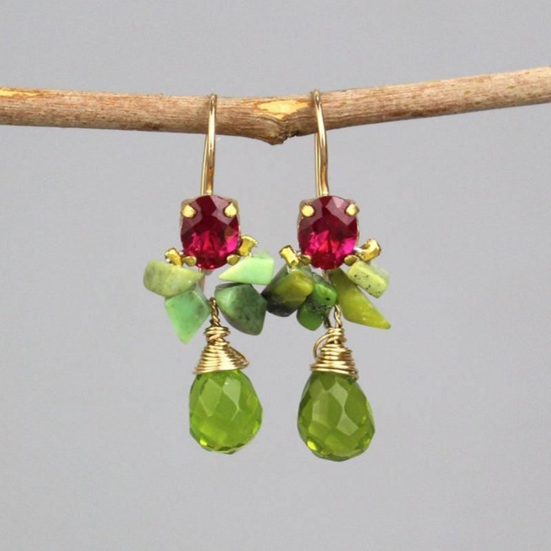 Pink Green Dangle Earrings, Fuchsia Pink Earrings, Chrysoprase Earrings, Cluster Earrings, Gemstone Earrings, Colorful Boho Earrings