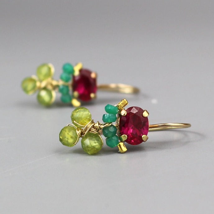 Gemstone Earrings, Tiny Dangle Earrings, Pink Green Earrings, Green Onyx Earrings, Peridot Earrings, Joy Earrings, Petite Cluster Earrings