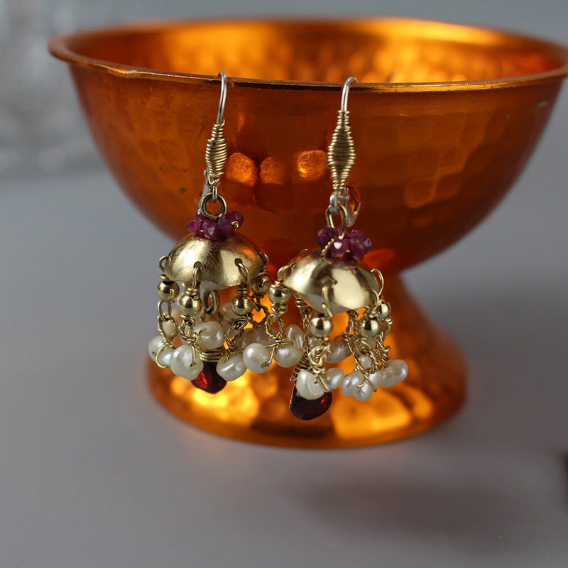 Temple Shape Round Gold Plated Freshwater Pearl Earrings - Surat Diamond