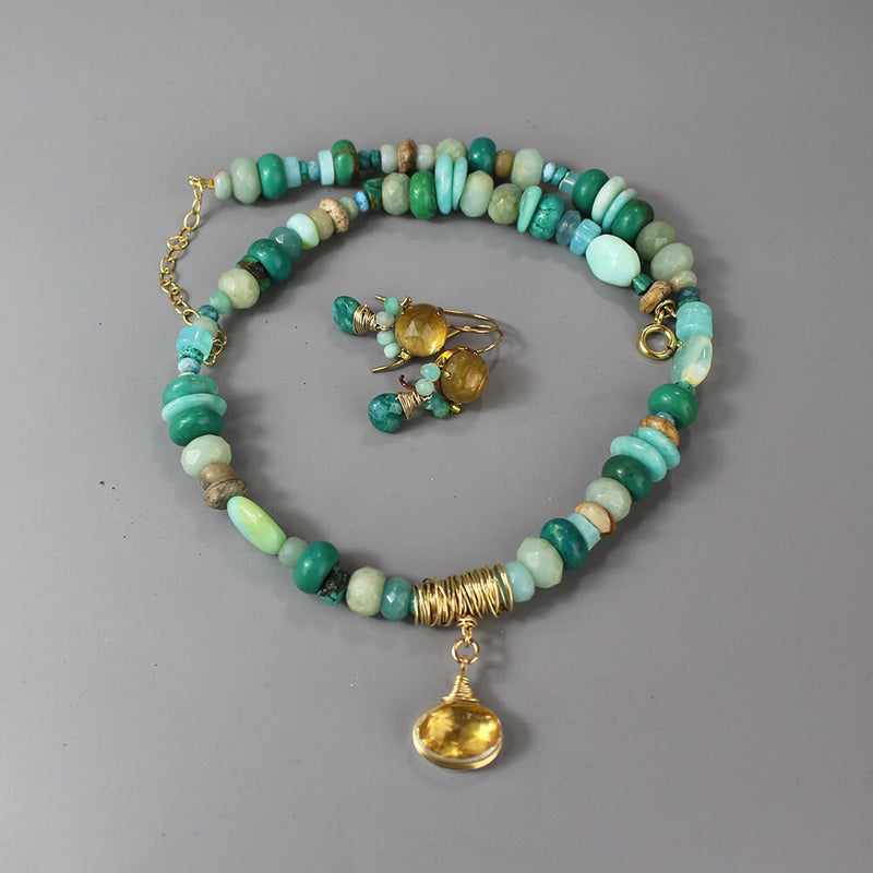 Citrine Pendant Necklace, Blue Gemstone Necklace, Beaded Necklace, Statement Necklace, Turquoise Aquamarine Necklace, Multi Stone Necklace