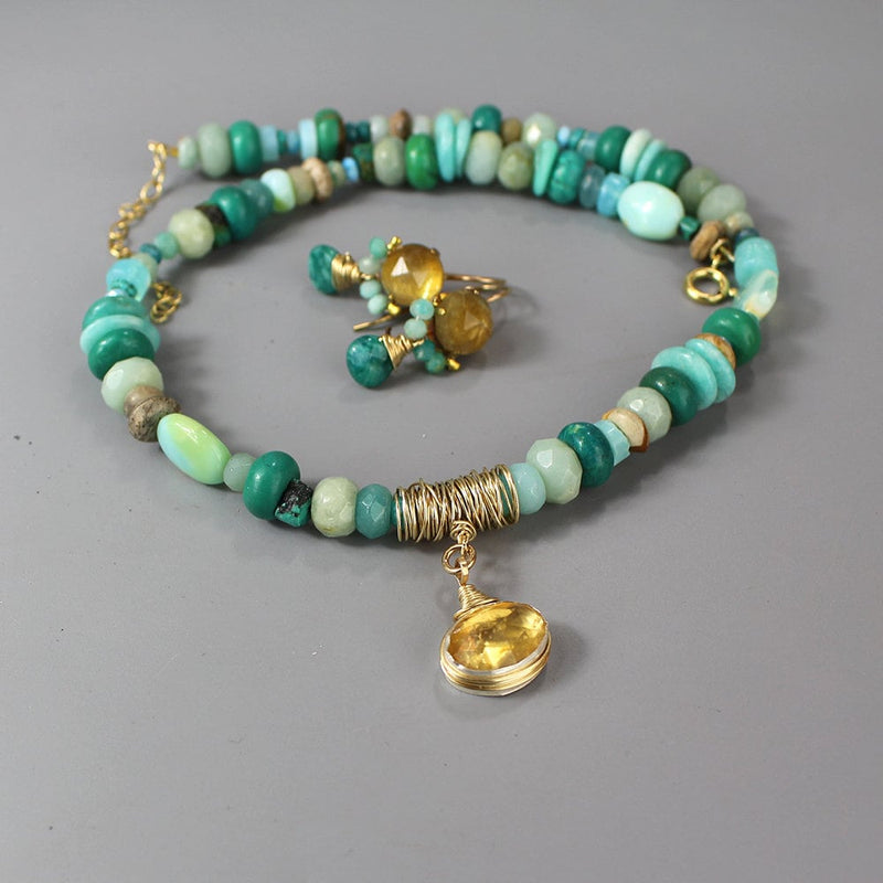 Citrine Pendant Necklace, Blue Gemstone Necklace, Beaded Necklace, Statement Necklace, Turquoise Aquamarine Necklace, Multi Stone Necklace