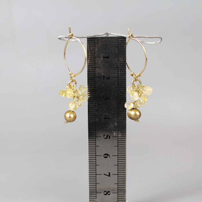 Citrine Hoop Earrings, Cluster Hoop Earrings, November Birthstone, Pearl Drop Earrings, Golden Pearl Earrings, Boho Earrings