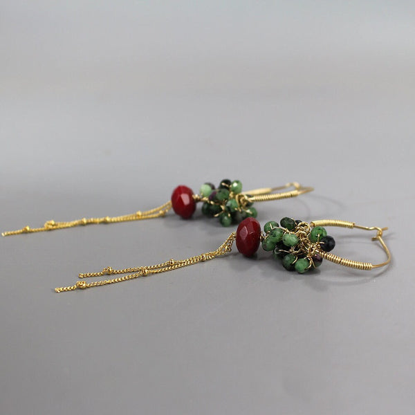 Ruby Zoisite Cluster Earrings, Gemstone Hoop Earrings, Chain Drop Earrings, Christmas Gift, Dangle Hoop Earrings, Unique Hoops, Fall Wedding