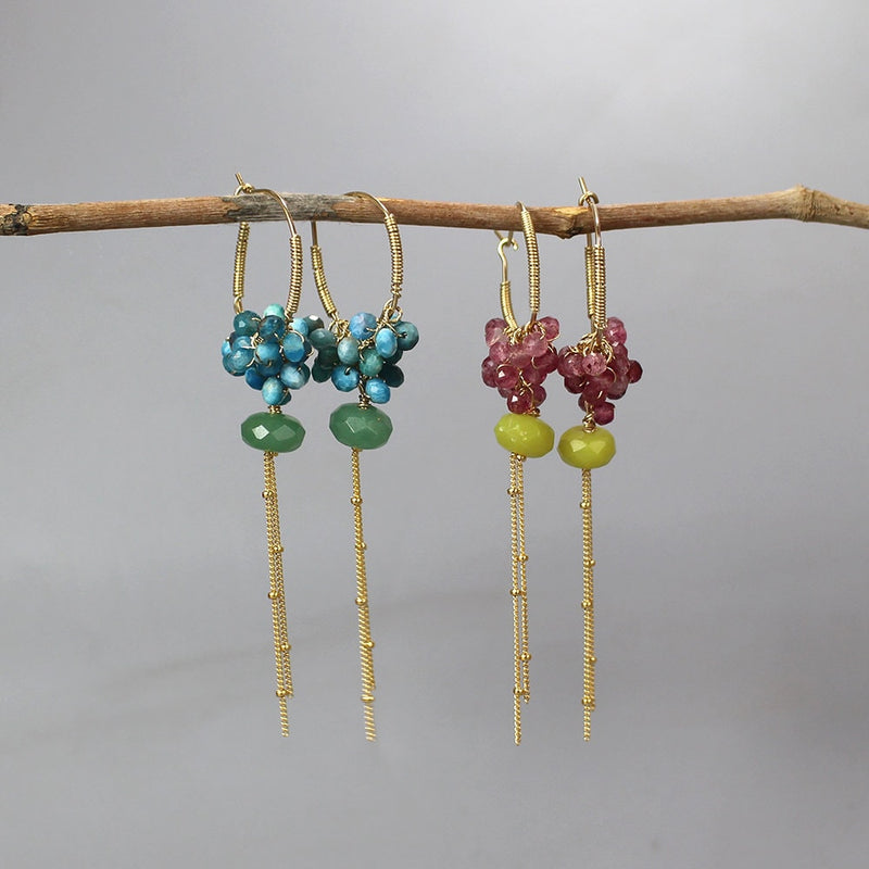 Strawberry Rose Quartz Cluster Earrings, Large Hoop Earrings, Chain Fringe Earrings, Long Dangle Earrings, Gemstone Hoop Earrings, Gift Idea