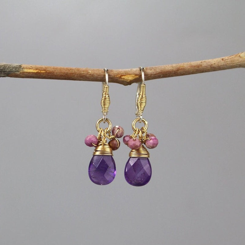 Purple Earring, Amethyst Drop Earrings, Wire Wrap Earrings, Cluster Earrings, Purple Jewelry, Small Earring, Unique Earrings