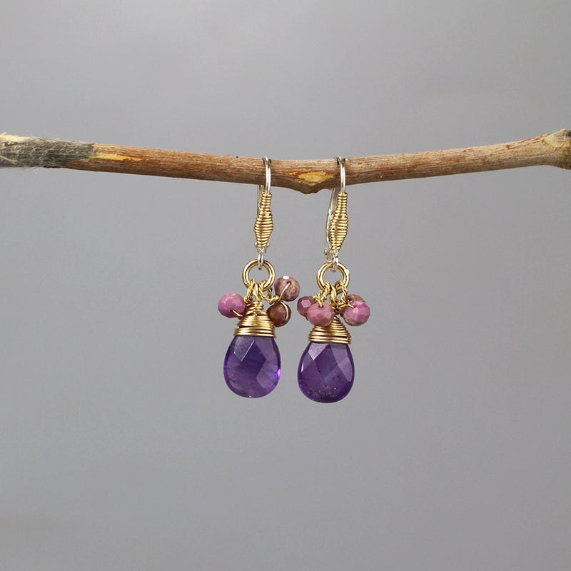 Purple Earring, Amethyst Drop Earrings, Wire Wrap Earrings, Cluster Earrings, Purple Jewelry, Small Earring, Unique Earrings