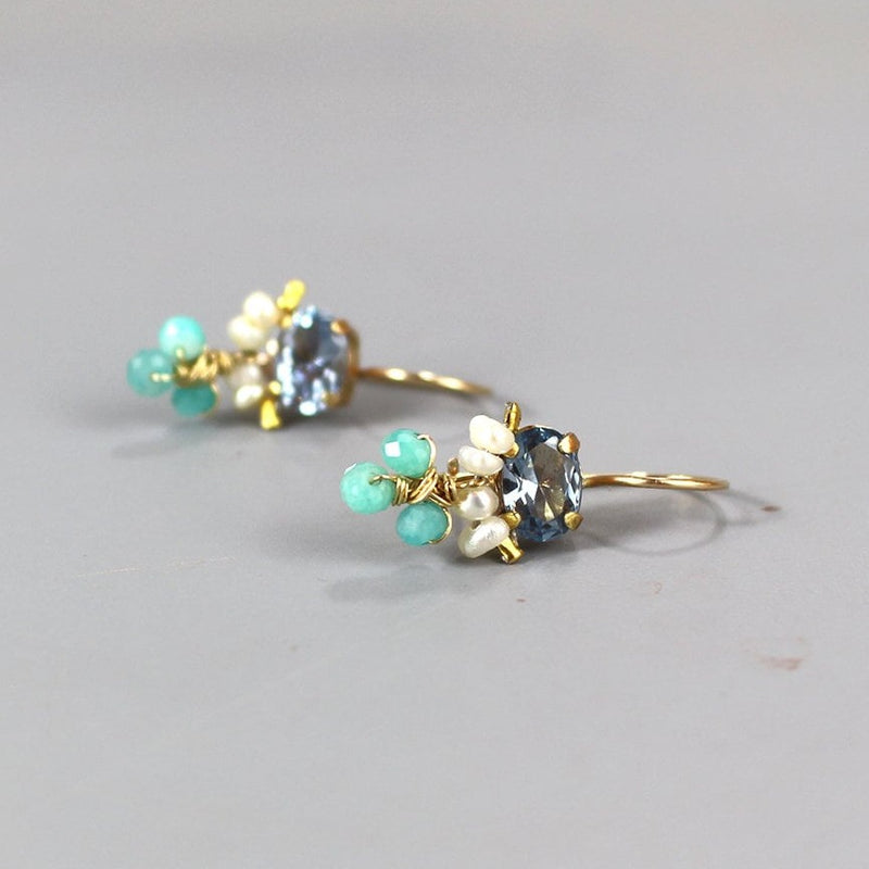 Petite Cluster Earrings, Blue Zirco Earrings, Gemstone Earrings, Pearl Jewelry, Tiny Drop Earrings, Amazonite Earrings, Pearl Earrings