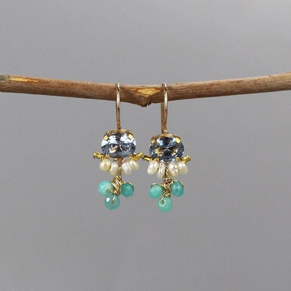 Petite Cluster Earrings, Blue Zirco Earrings, Gemstone Earrings, Pearl Jewelry, Tiny Drop Earrings, Amazonite Earrings, Pearl Earrings