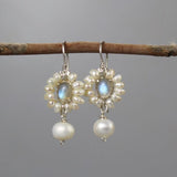 Pearl Bridal Wedding Earrings, Labradorite Earrings, Labradorite Flower Earrings, Pearl Flower, Spring Wedding, Sterling Silver, Bridal Gift
