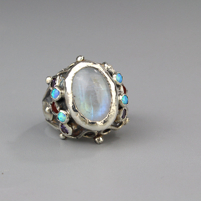 Moonstone and Lab Opal Silver Queen Ring