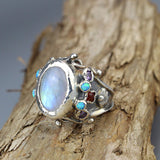 Moonstone and Lab Opal Silver Queen Ring