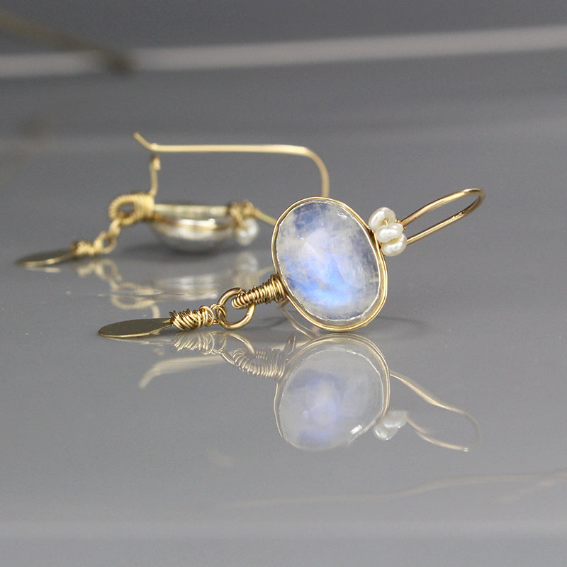 Gold Filled Moonstone Crown Earrings with Pearl