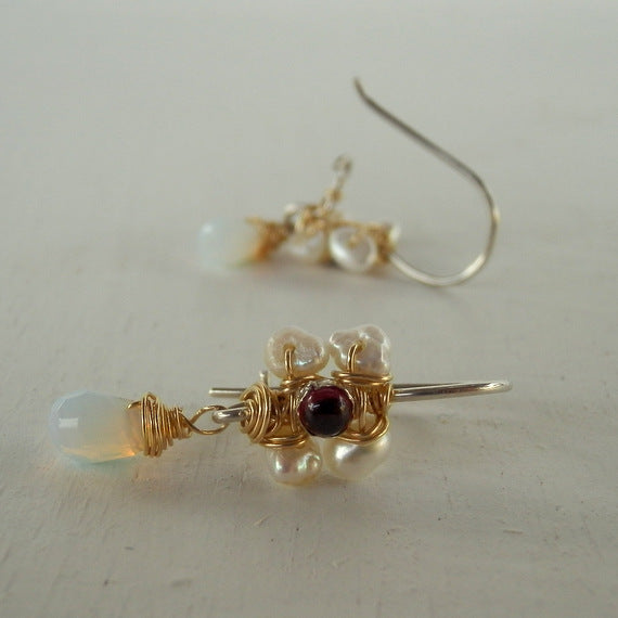 Garnet Pearl Jasmine Flower Earrings