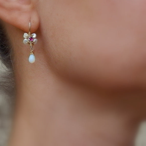 Pink Zircon Pearl Jasmine Flower Earrings