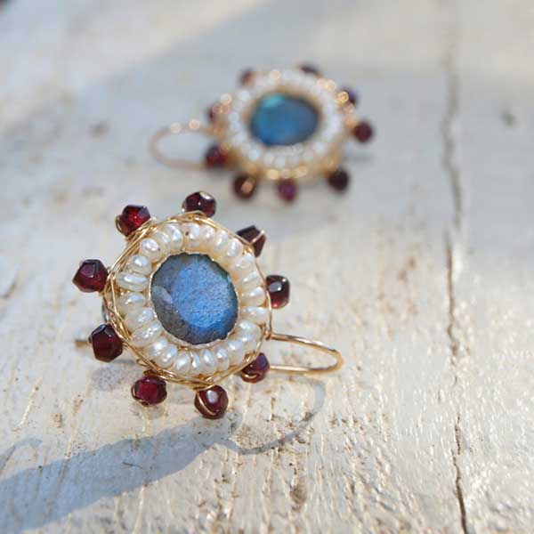 Labradorite Pearl and Garnet Mandala Earrings