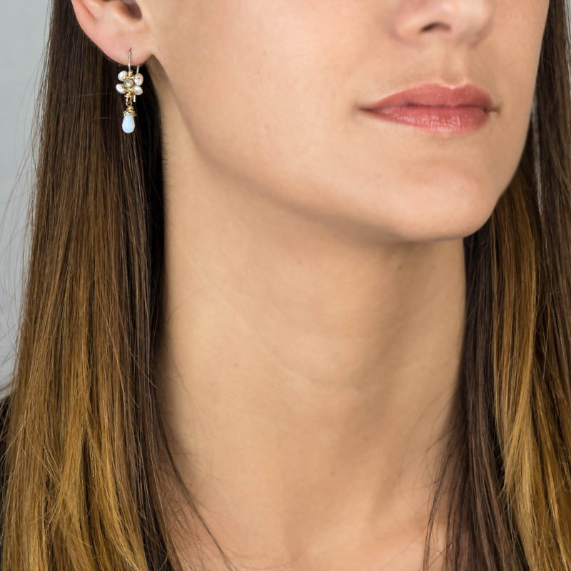 Labradorite Pearl Jasmine Flower Earrings