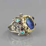 Silver and 9K Solid Gold Labradorite Queen Ring
