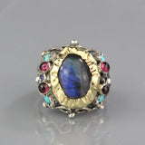 Silver and 9K Solid Gold Labradorite Queen Ring