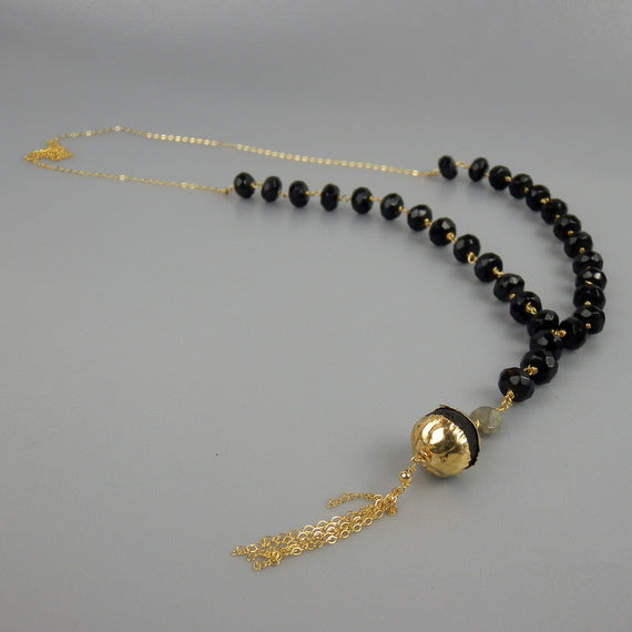 Black Onyx Lava Long Necklace in Gold Filled