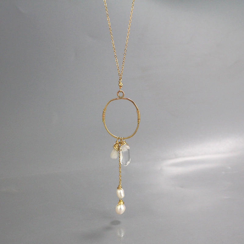 Long Moonstone Pearl Hoop Necklace