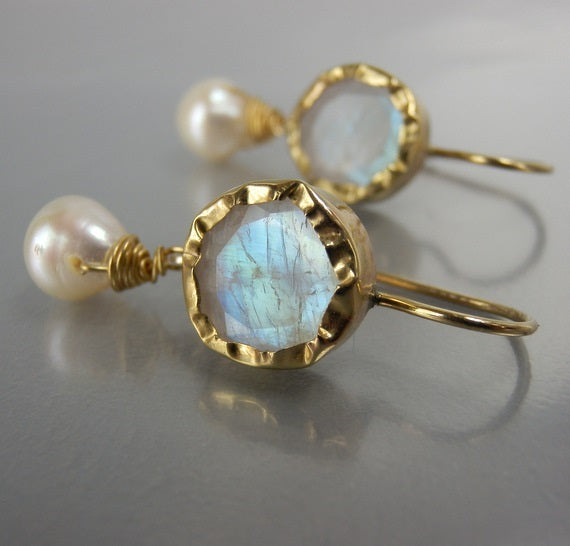 9K Solid Gold Moonstone Pearl Earrings