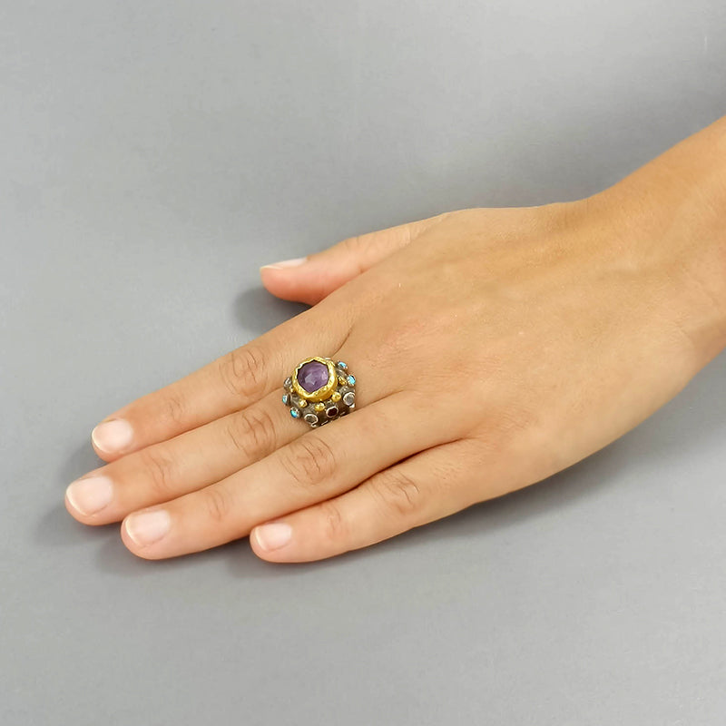 Solid Gold Amethyst Turquoise Nefertiti Ring