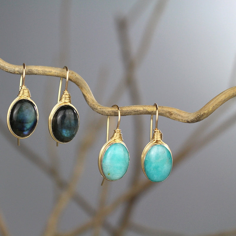 Oval Amazonite Wire Wrapped Earrings