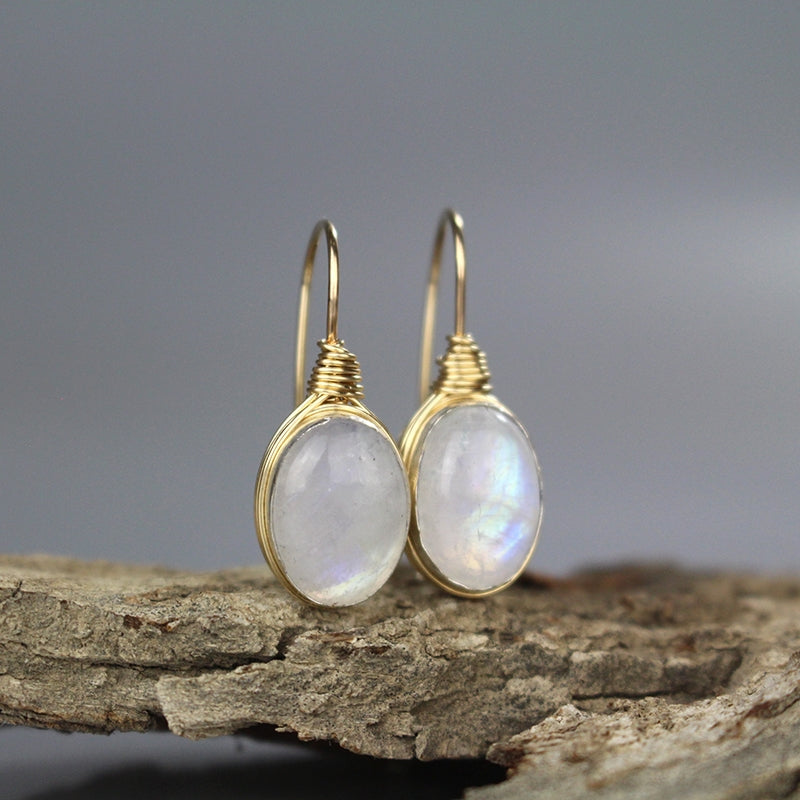 Oval Moonstone Wire Wrapped Earrings