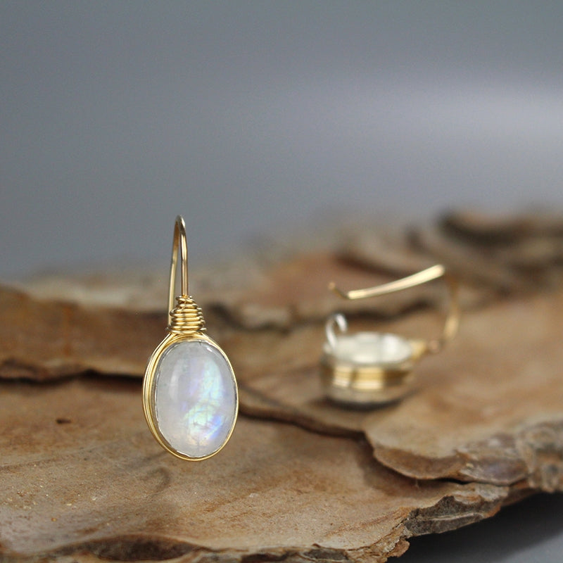 Oval Moonstone Wire Wrapped Earrings