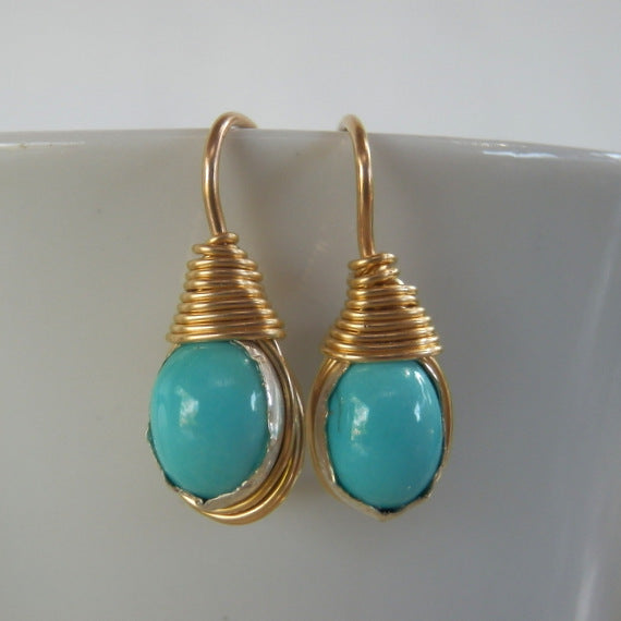 Oval Turquoise Wire Wrapped Earrings
