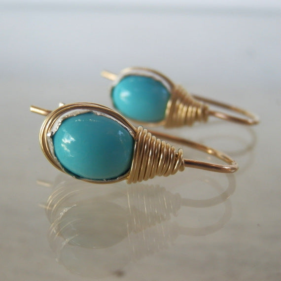 Oval Turquoise Wire Wrapped Earrings