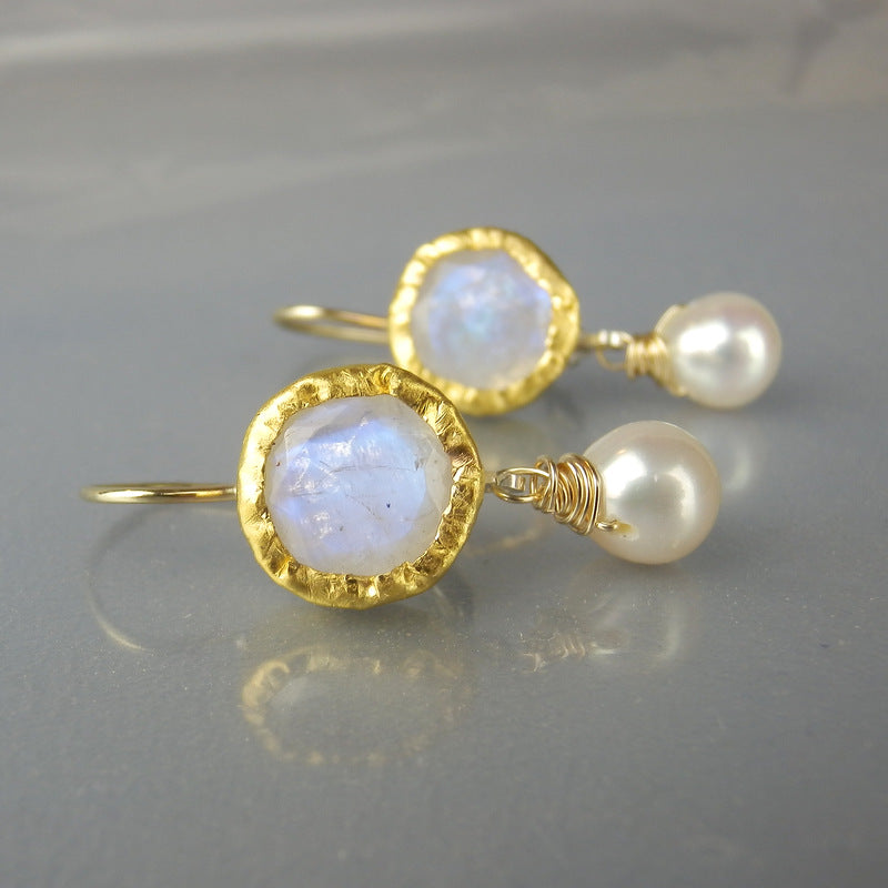 Solid Gold Moonstone Pearl Earrings