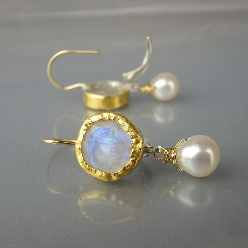 Solid Gold Moonstone Pearl Earrings