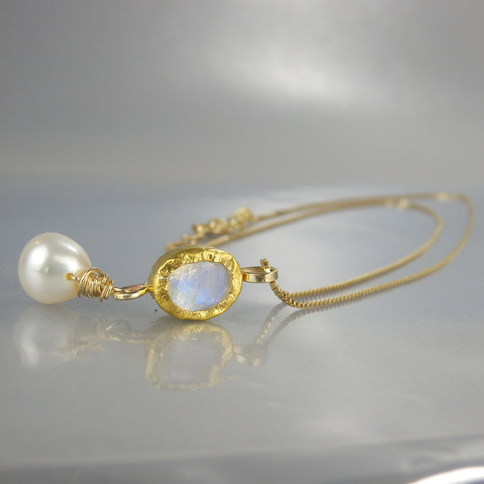 Solid Gold Moonstone Pearl Necklace